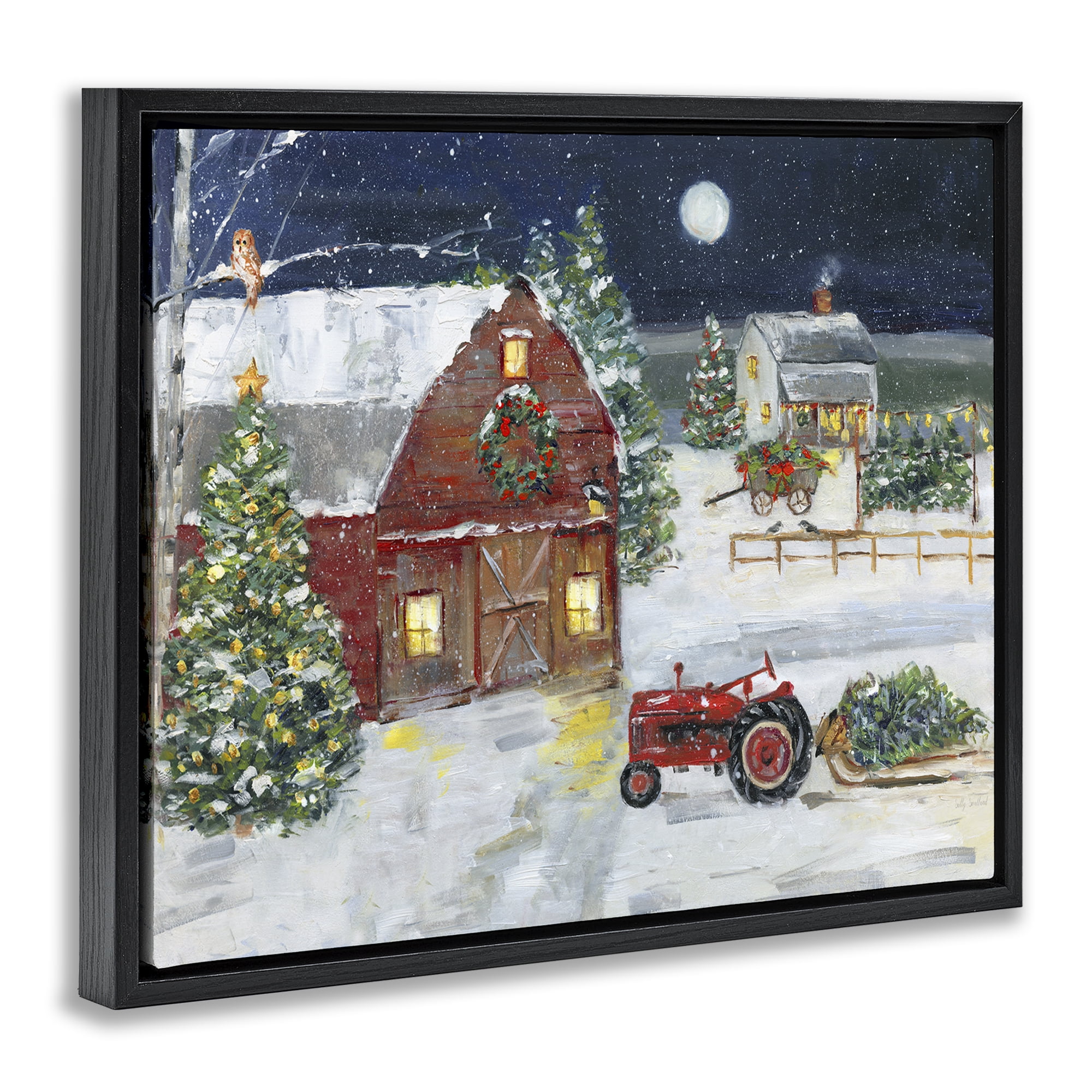 Stupell Industries Snowy Farm & Tractor Holiday Painting Black Floater Framed Canvas Art Prints Wall Art, 21 x 17