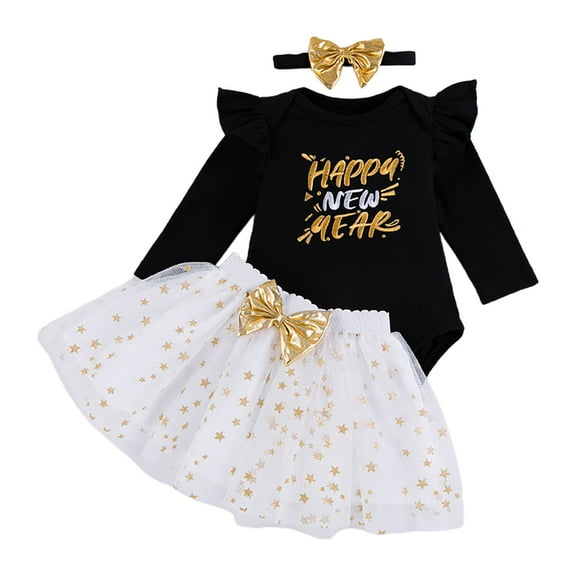 TAIAOJING Toddler Baby Girl Boy Summer Clothes Girls Long Sleeve New Year Letter Prints Tops Romper And Skirts 3PCS Outfits Clothes Set For Children Clothes 0-3 Months