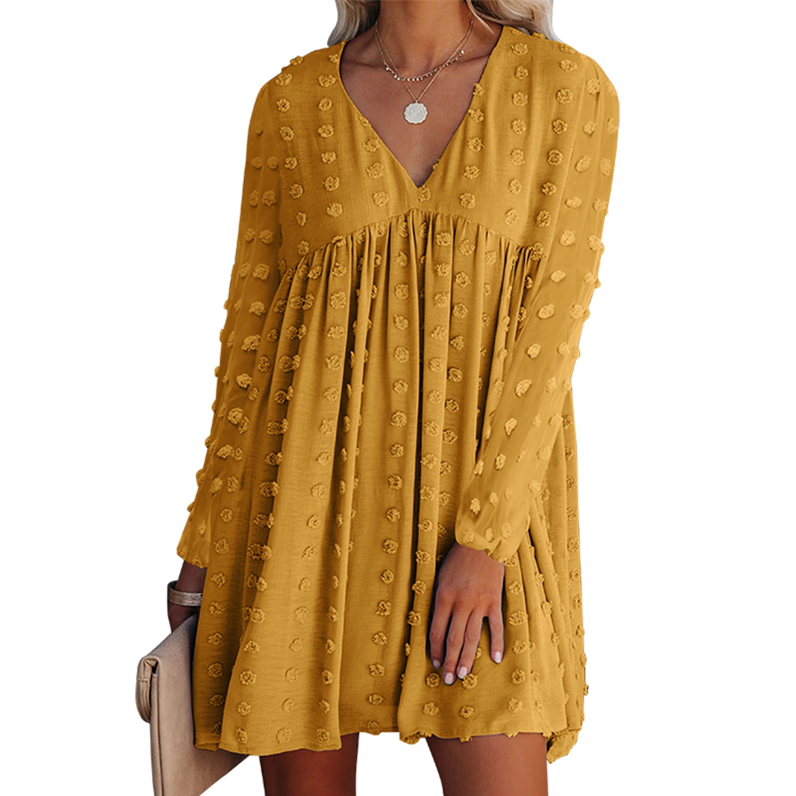 Zaxarra Women Loose Jacquard Casual Solid Color Long Sleeve V Neck One Piece Dress Walmart Com