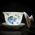 thumbnail image 3 of Porcelain Gaiwan 8oz Teacup White Glazed Tureen Chinese Sancai Cover Bowl Lip Cup Saucer Set (Fish leaping), 3 of 7
