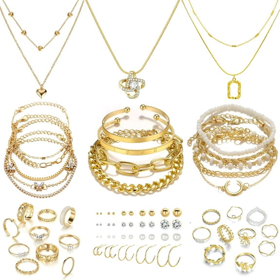DESIGNICE Gold Plated Jewelry Set - 5 Necklaces, 14 Bracelets, 20 Earring Pairs, 20 Knuckle Rings