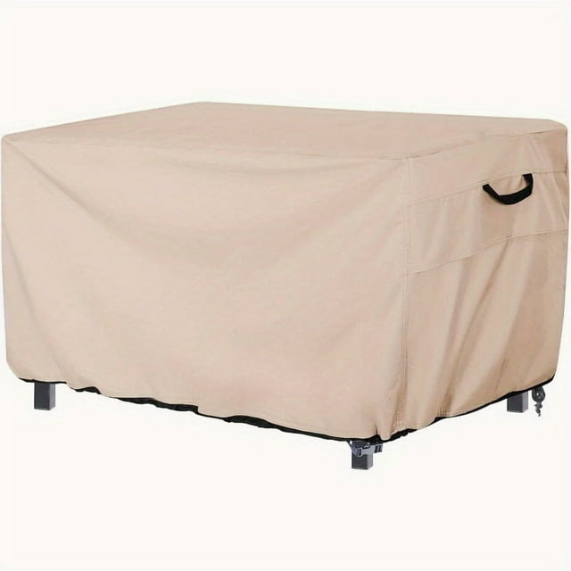 HLONK 1pc Heavy-Duty Fire Pit Cover - Beige Outdoor Fire Table Protector with Drawstring Closure All-Weather Patio Garden Backyard or Fireplace Cover - Compatible with Gas & Tradition