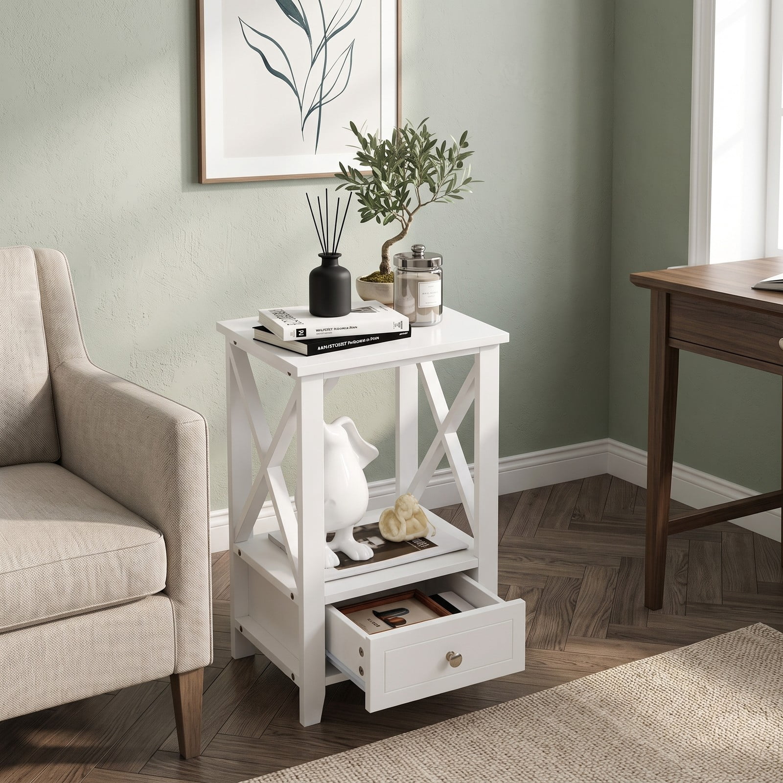 Furnibear 2-Tier Nightstand with Storage Drawer and Open Shelf, Multifunctional Bedside Table with X-frame Sides for Bedroom, White