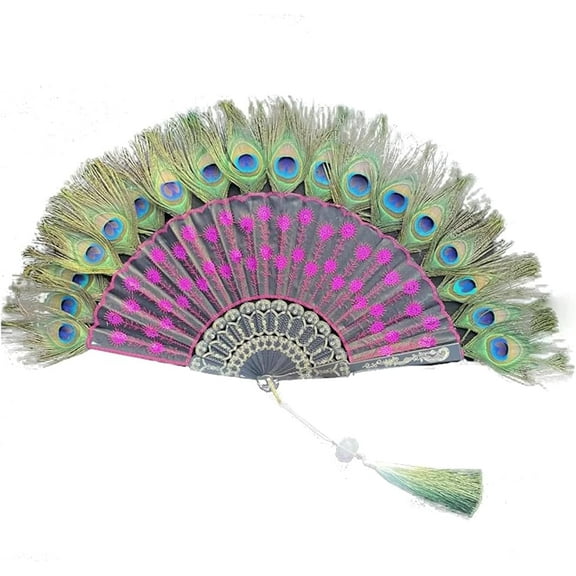 keyasia Manual Fan Peacock Feather Hand Fan, Japanese Folding Fan for Dancing Performance, Embroidery Chinese Fan for Women Gifts Wall Decoration Elegant