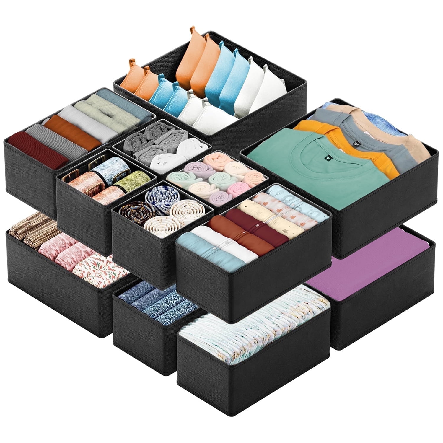 TAIMASI 12 Pack Drawer Organizer Clothes, Dresser Organizer Bins for Nursery, Closet Organization and Storage Dividers for Clothing, Underwears, Socks - Black