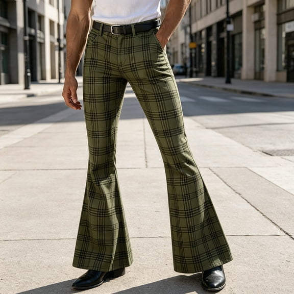 CONZONE Mens Casual Flared Pants Straight Leg Vintage Pants for Men Trendy Slim Fit Plaid Bell Bottom With Pockets