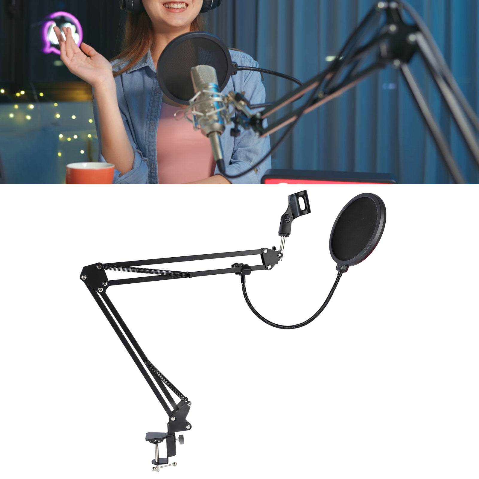 NFTIGB Adjustable Microphone Boom Arm Stand Set, Heavy Duty Suspension Scissor Mic Stand with Anti-Spray Net and Iron Base