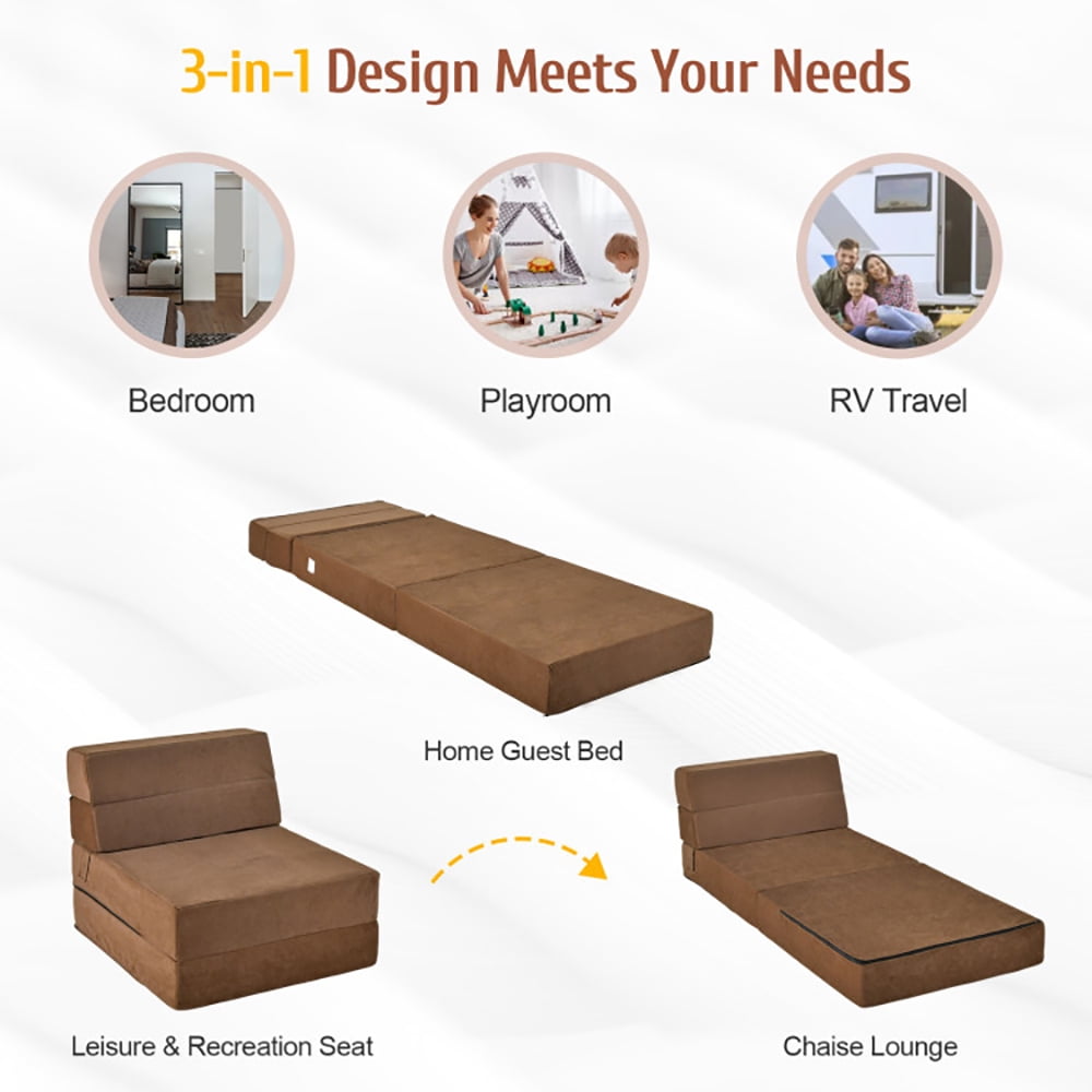 Finihen Convertible Sleeper Bed, Folding Sleeper Chair Sofa Bed, Tri-Fold Folding Chair, for Living Room, Bedroom, Apartment, Dorm, Brown Finihen Convertible Sleeper Bed, Folding Sleeper Chair Sofa Bed, Tri-Fold Folding Chair, for Living Room, Bedroom, Apartment, Dorm, Brown