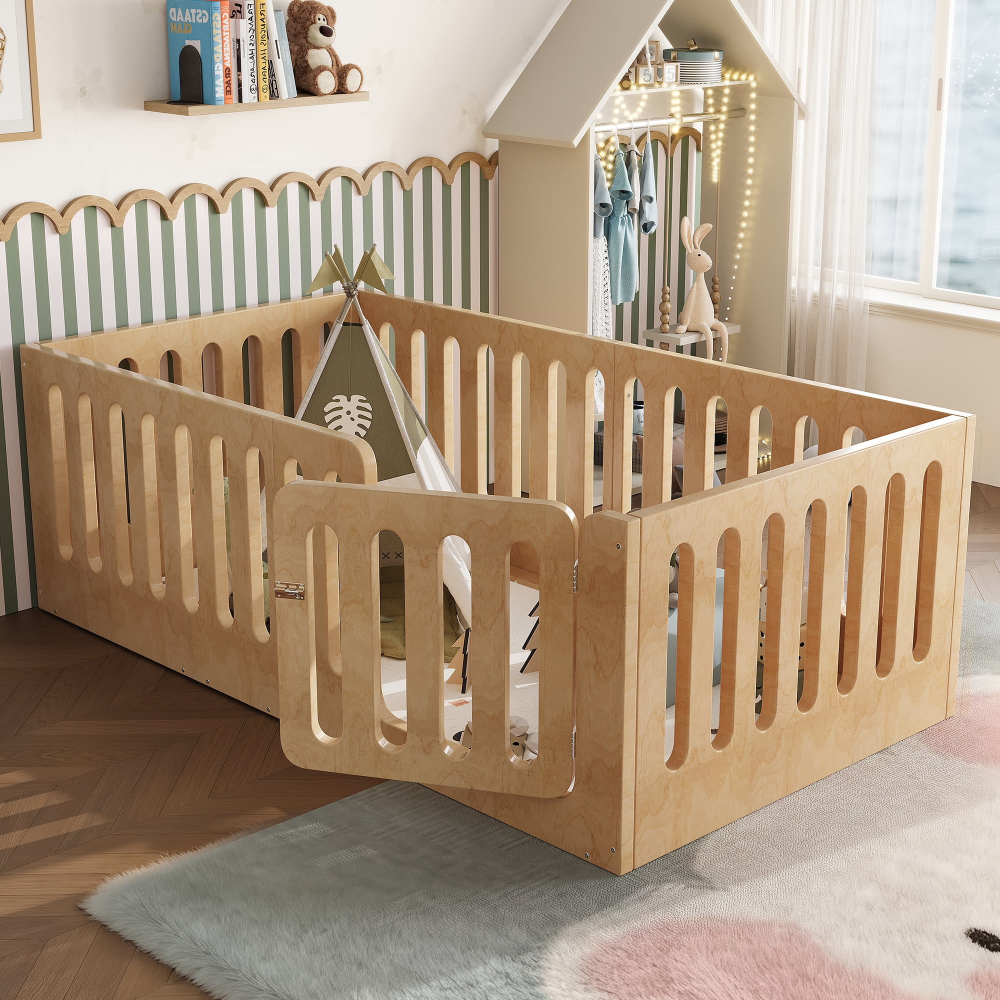 Twin Size Floor Bed with High Fence for Kids, Solid Wood Kids Montessori Bed with Door, low-profile and No Box Spring Needed Design, Natural