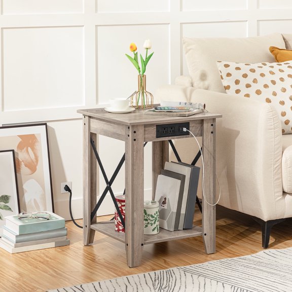 HOOBRO End Table 2-Tier Nightstand with USB Ports and Outlets Sofa Coffee Table Living Room BG45UBZ01