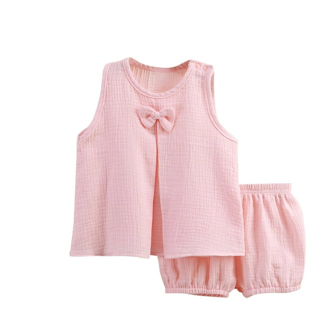 Zpanxa Girls Summer Outfits Solid Color Gauze Set Double-layer Breathable Two-piece Set Bow Top and Pants Set Round Neck Set 2 Years