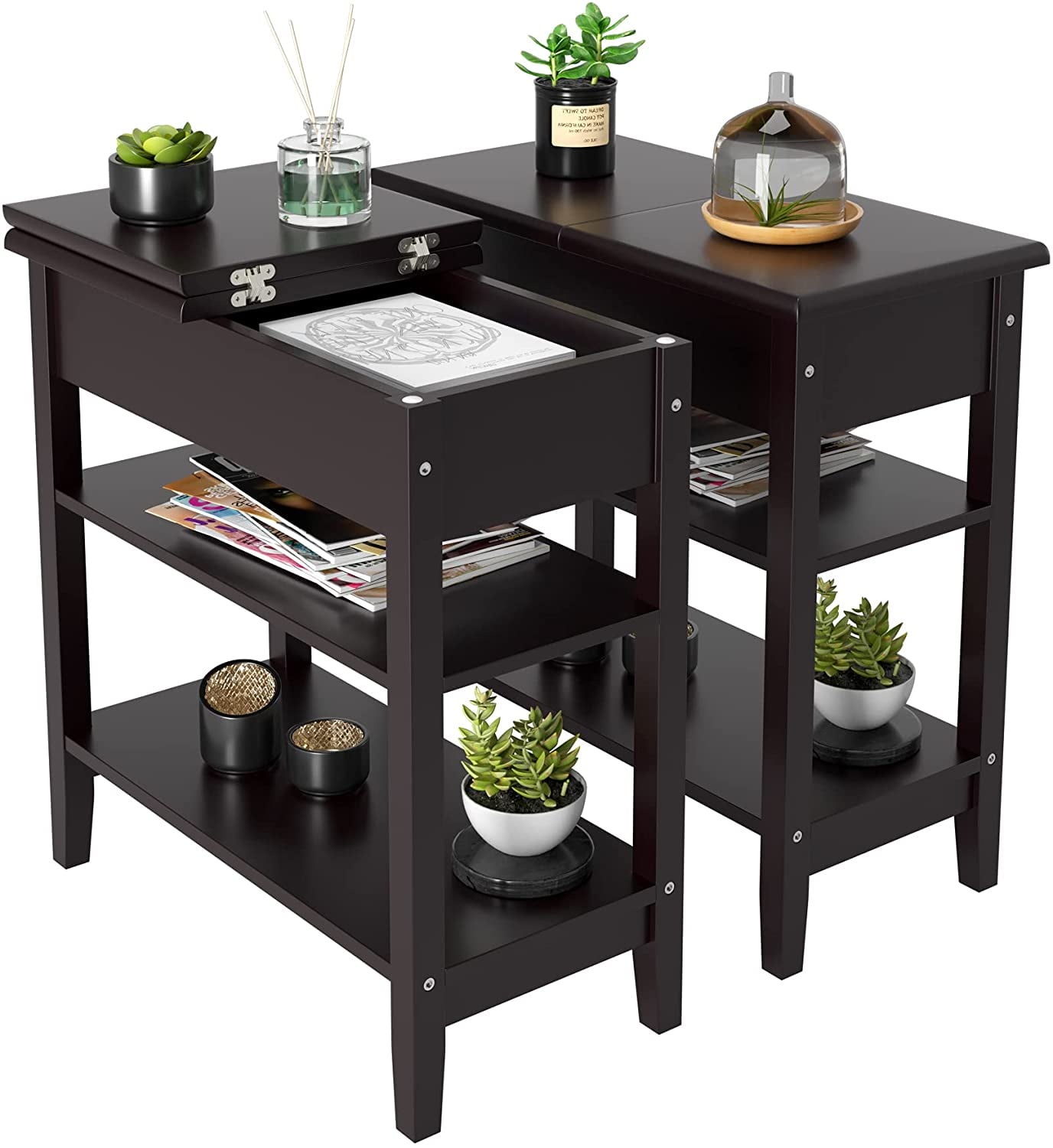 Slim End Tables Wooden Narrow w Drink Holders & Shelves Shelf Furniture 2 Colors 
