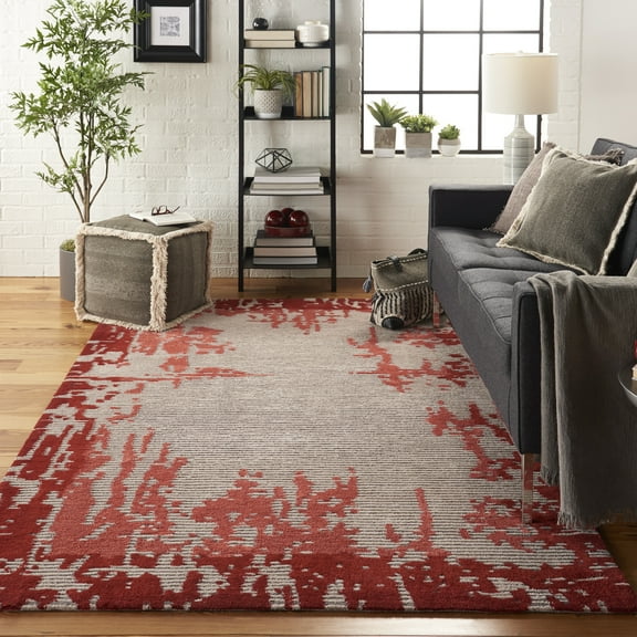 Nourison Symmetry Distressed Beige/Red 3'9" x 5'9" Area Rug, (4x6)