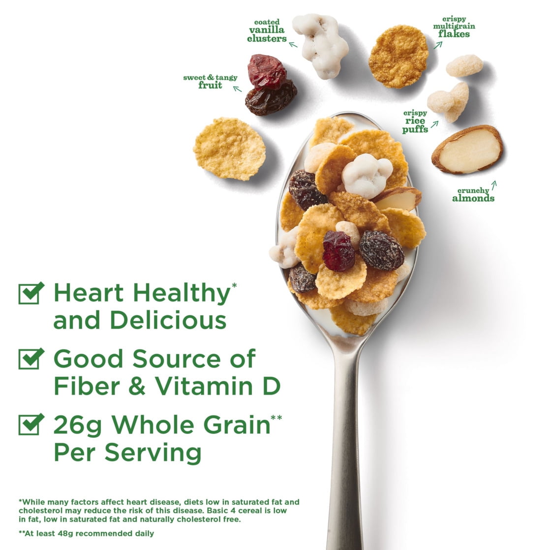 (6 pack) Basic 4 Heart Healthy Cereal, Fruit and Nut Fiber Cereal with Whole Grain, 19.8 oz