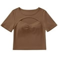 thumbnail image 4 of IWEMEK Crop Tops for Women Round Neck Keyhole T-shirt Plain Brown Casual Dressy Summer Tees Tight Fit Clothing 2025, 4 of 7