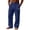 Dark Blue, variant on Men Cotton Linen Pants Button Front Elastic Waist Straight Leg Pants Small Leather Patch Decor Loose Casual Pants Wrinkle Texture Lightweight Summer Trousers With Side Slip Pockets For Beach