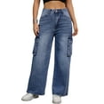 thumbnail image 1 of Pantalones de mezclilla anchos de mujer Inspire Chic, de tiro alto, estilo cargo, casuales, con bolsillos, talla XL, color azul, 1 of 5