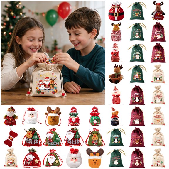 Small Christmas Gift Bags with Drawstring, Beige Polyester Treat Bags, Holiday Party Favor Bag for Xmas, 9.06 x 5.91 Inches, 1PC