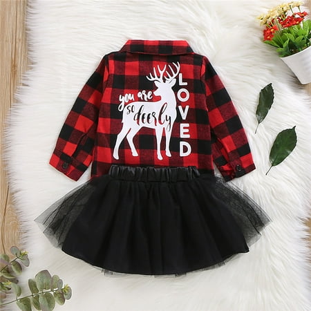 

Girl s Long Sleeve Deer Print Plaid Shirt + Black Mesh A-Line Skirt