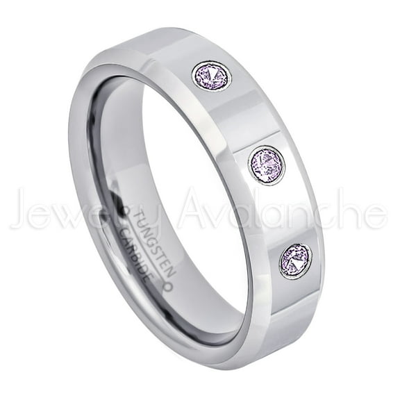 6mm Ladies Polished Beveled Tungsten Ring - 0.21ctw Amethyst 3-stone Band - Personalized Tungsten Wedding Ring - Custom Made February Birthstone Ring TN048BS