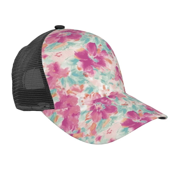 Lsque Purple Watercolor Flowers Printed Trucker Hat - Baseball Cap for Men Women - Breathable Mesh Side, Adjustable Fit - for Casual Wear