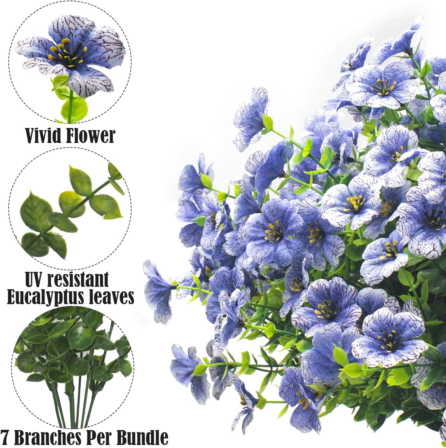 ZOELNIC Artificial Flowers Outdoor 6 Bunldes UV Resistant Fake Flowers No Fade Faux Plastic Plants for Garden Porch Window Box Decorating (Blue)