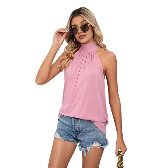 Tank Top for Women Pleated High Neck Halter Tops Pink XL