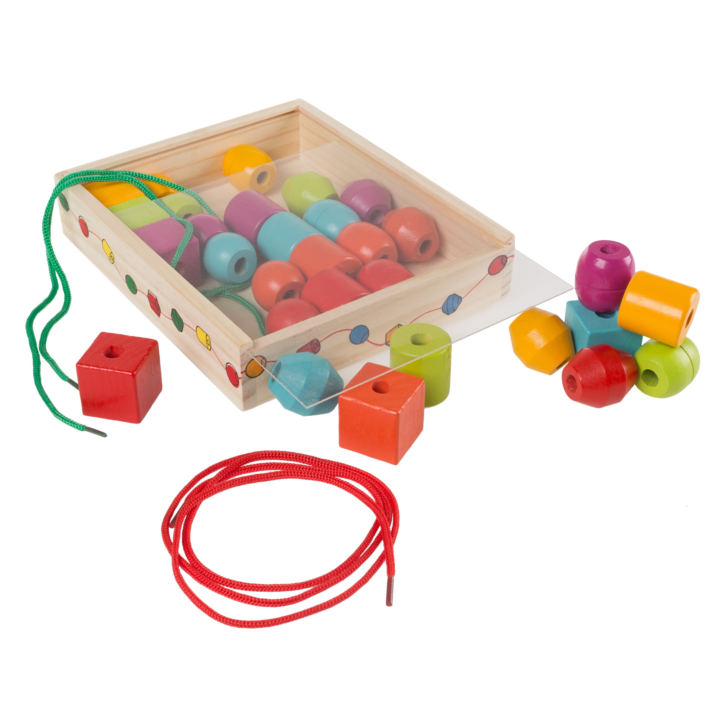 All in a Heart-shaped Case for Your Kids Instructive 50pcs Wooden Lacing & Stringing Beads with String Lacing Beads in Multiple Shapes and Colors for Toddlers Preschoolers Fine Motor Skills Toys 
