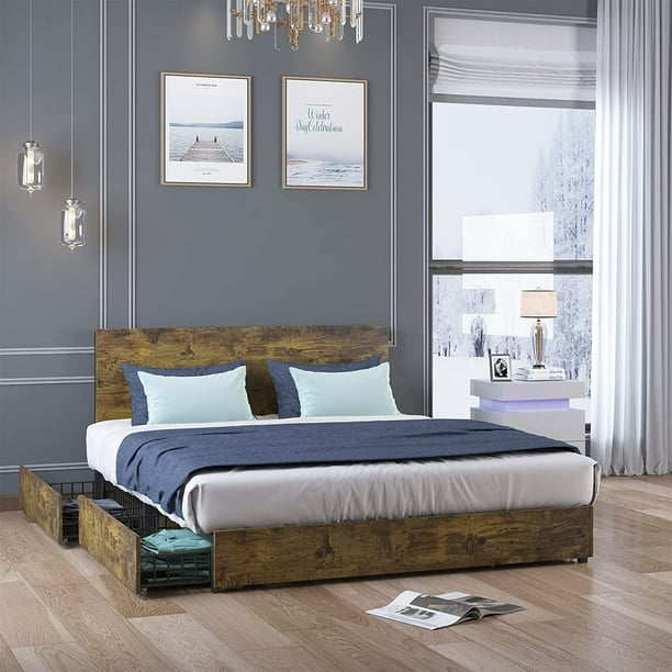 Mjkone 4 Storage Drawers Full Size Bed Frame, Natural Wood Platform Bed