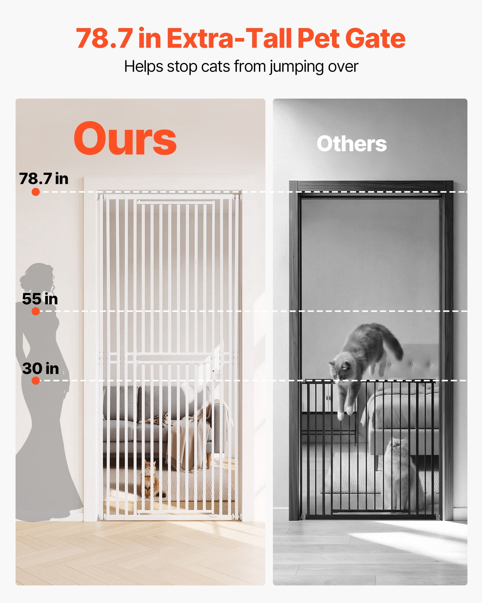 VEVOR Extra Tall Pet Gate for Cats, 28-34 in  Adjustable Width, 78.7 in High Dog Gate, with Pressure Mount Kit and Wall Mount Kit, 1.2 in Narrow Bar Spacing, for Stairs, Doorways, and House, Black