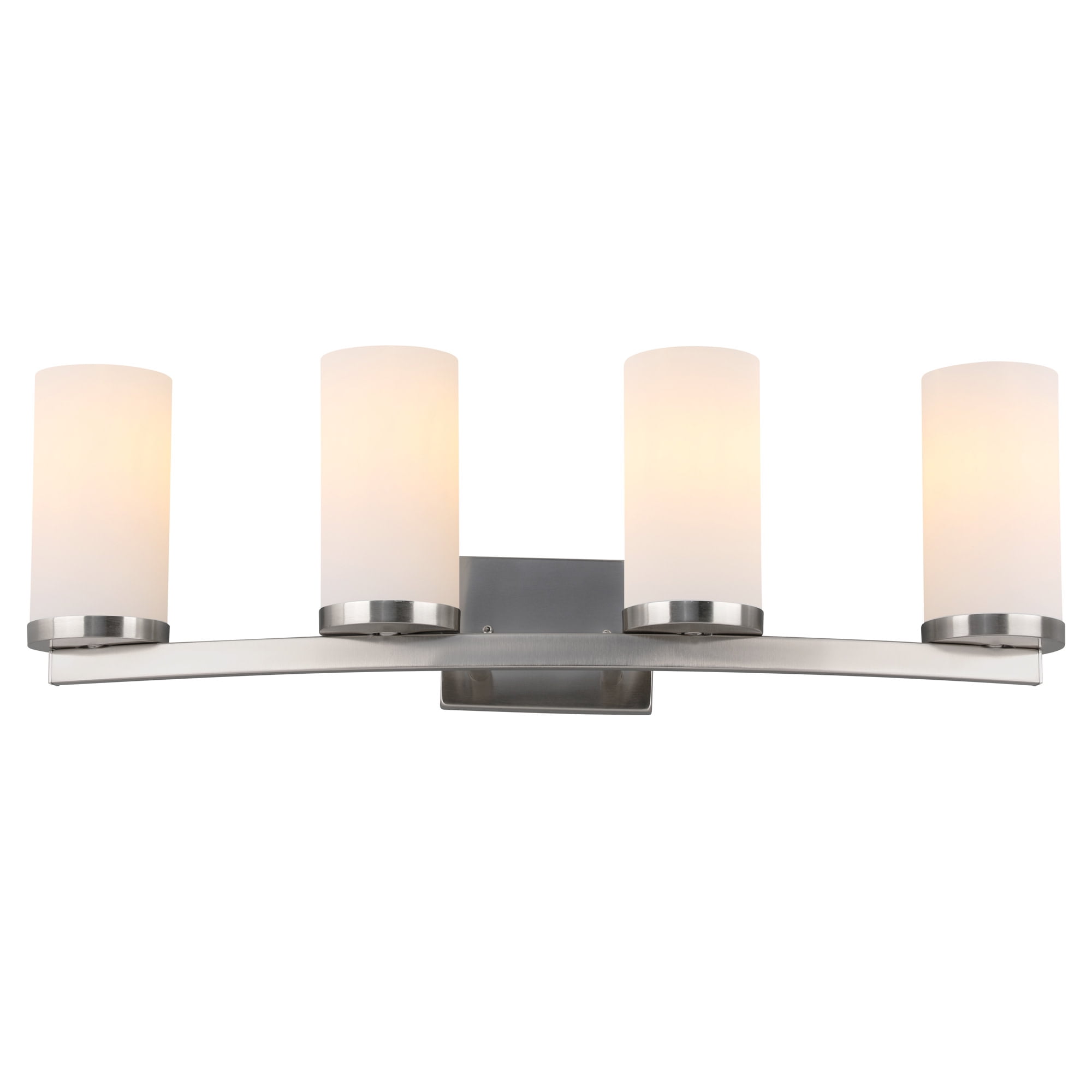 Desta 30" Satin Nickel 4-Light Dimmable Vanity Light With Curved Bar Design and Frosted Glass