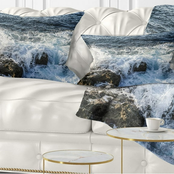 Designart Waves Breaking on Stony Beach - Seashore Throw Pillow - 12x20