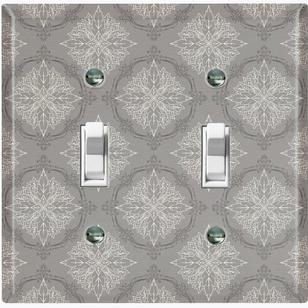 Metal Light Switch Plate Outlet Cover (Damask Ornament Gray Pattern - Double Toggle)