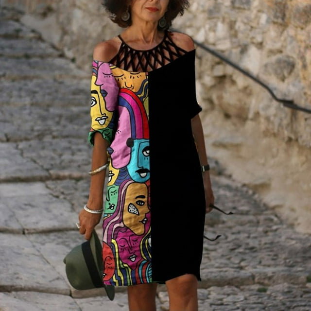 CEHVOM Robe Décontractée de Mode pour Femmes à Manches Courtes, à Imprimé Ajouré, Robe Ample