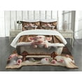 thumbnail image 3 of Ambesonne Rustic Quilted Bedspread Set 3 Pcs, Floral Pig Bubbly Barn Bath, Queen Size, Pink and Redwood, 3 of 5