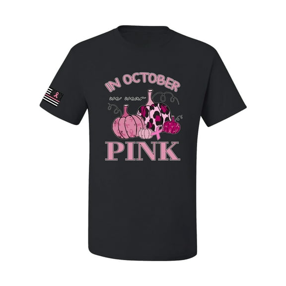 Wild Bobby In October We Wear Pink Pumpkin Cheetah Print US Flag Breast Cancer Awareness Men Tee, Black, Small