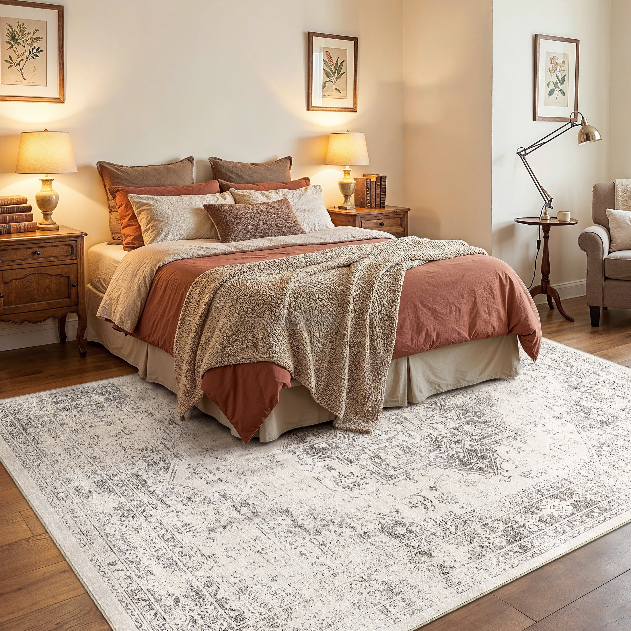 UERMEI 6x9 Washable Area Rugs for Living Room, Modern Vintage Printed Rug, Vacuum-Friendly, Non Slip Indoor Rug for Bedroom Dining Room Home Decor Carpet, Beige
