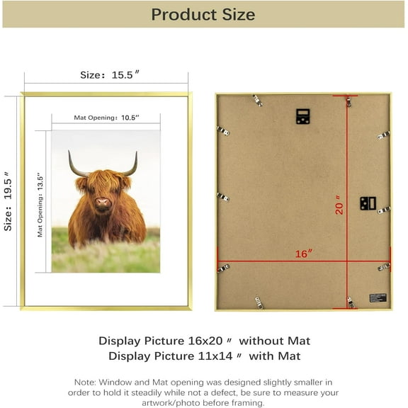 16x20 Picture Frame Set of 3, Gold Border, Display Photo 11x14 with Mat or 16x20 Without Mat