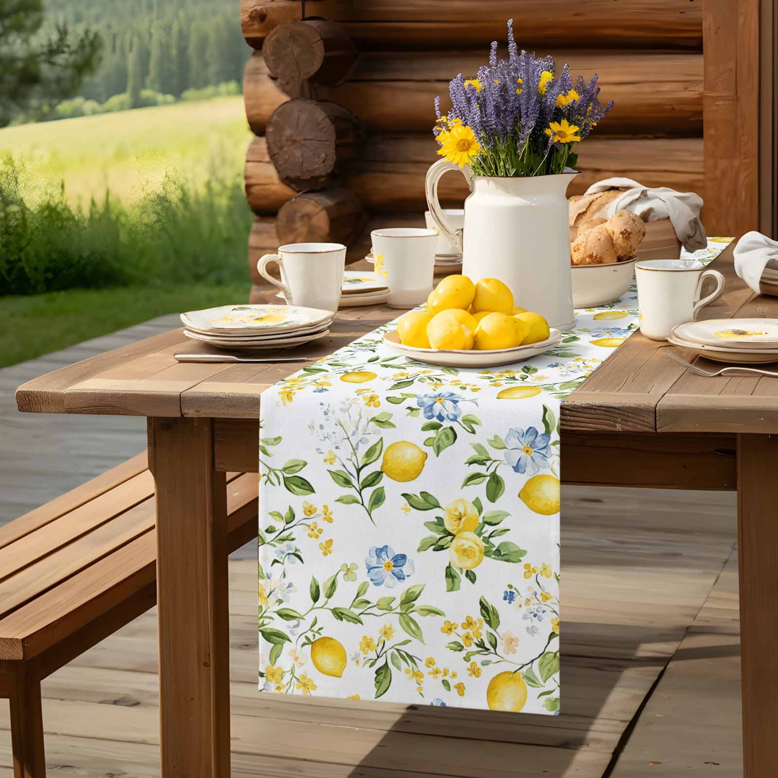 Summer Lemon Green Leaves Table Runner 90 Inches Long, Blue Flower on White Table Runners Tabletop Scarf Kitchen Dining Tables Decoration for Home Party Indoor Outdoor