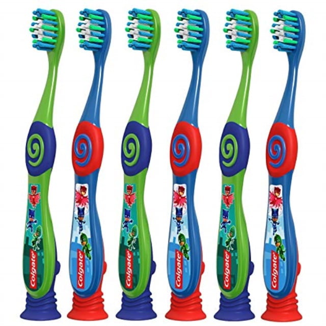 colgate pj masks toothbrush for toddlers & little children with suction cup, kids 2-5 years old, extra soft, pack of 6