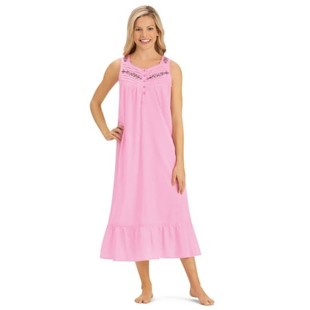 

Collections Etc Women s Embroidered Sleeveless Cotton Nightgown with Flounce Hem Pink X-Large