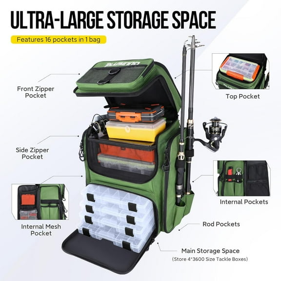 Fishing Backpack with Rod Holders Tackle Box, 42L Large Water-resistant Fishing Tackle Bag Store Fishing Gear