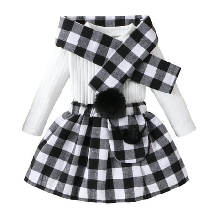 

Baby Outfits Long Sleeve Solid Colour Ribbed Tops Plaid Skirt Scarf Three Piece Set Baby Girl Clothes Black 2 Years-3 Years