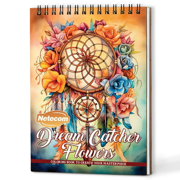 Netecom Dreamcatcher Flowers Coloring Book Spiral Bound for Adults, A5 Wooden Cover, 30 Enchanting Designs Coloring Pages of Catching Blooming Dreams for Stress Relief and Relaxation