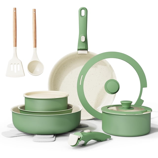 Set de utensilios de cocina Bazova Ceramic Antiadherente, 17 piezas, color verde