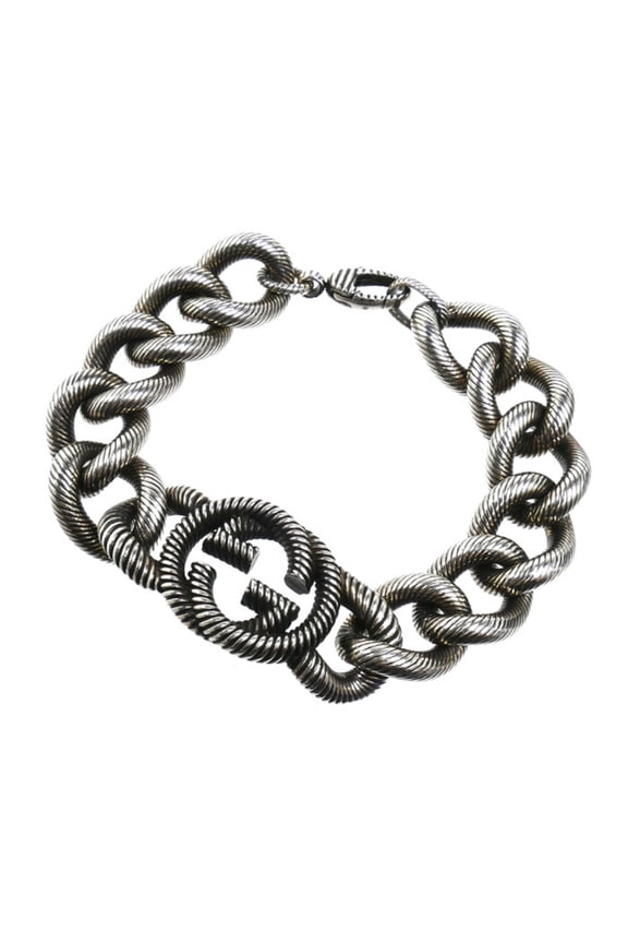 Pre-Owned GUCCI Sterling Silver 925 Interlocking G Arabesque Bracelet, 122g, 21cm, Men's