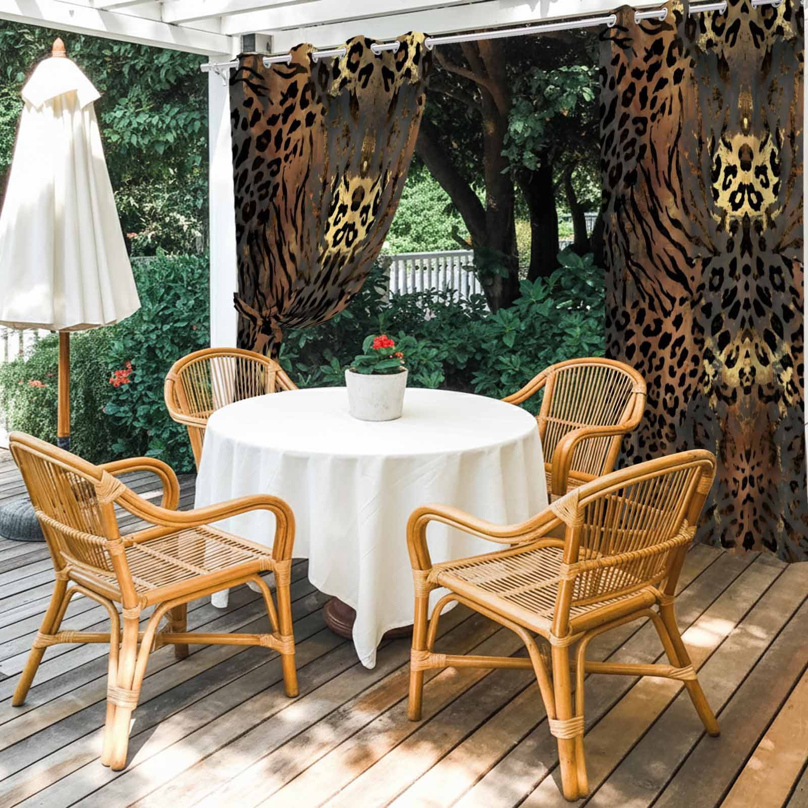 Leopard Print Outdoor Curtains for Patio, Ethnic Style Gold Black Gradient Fur Texture Sunshade Privacy Drapes Grommet Waterproof Outside Curtains for Porch/Cabana/Balcony 54"x 108", 1 Panel