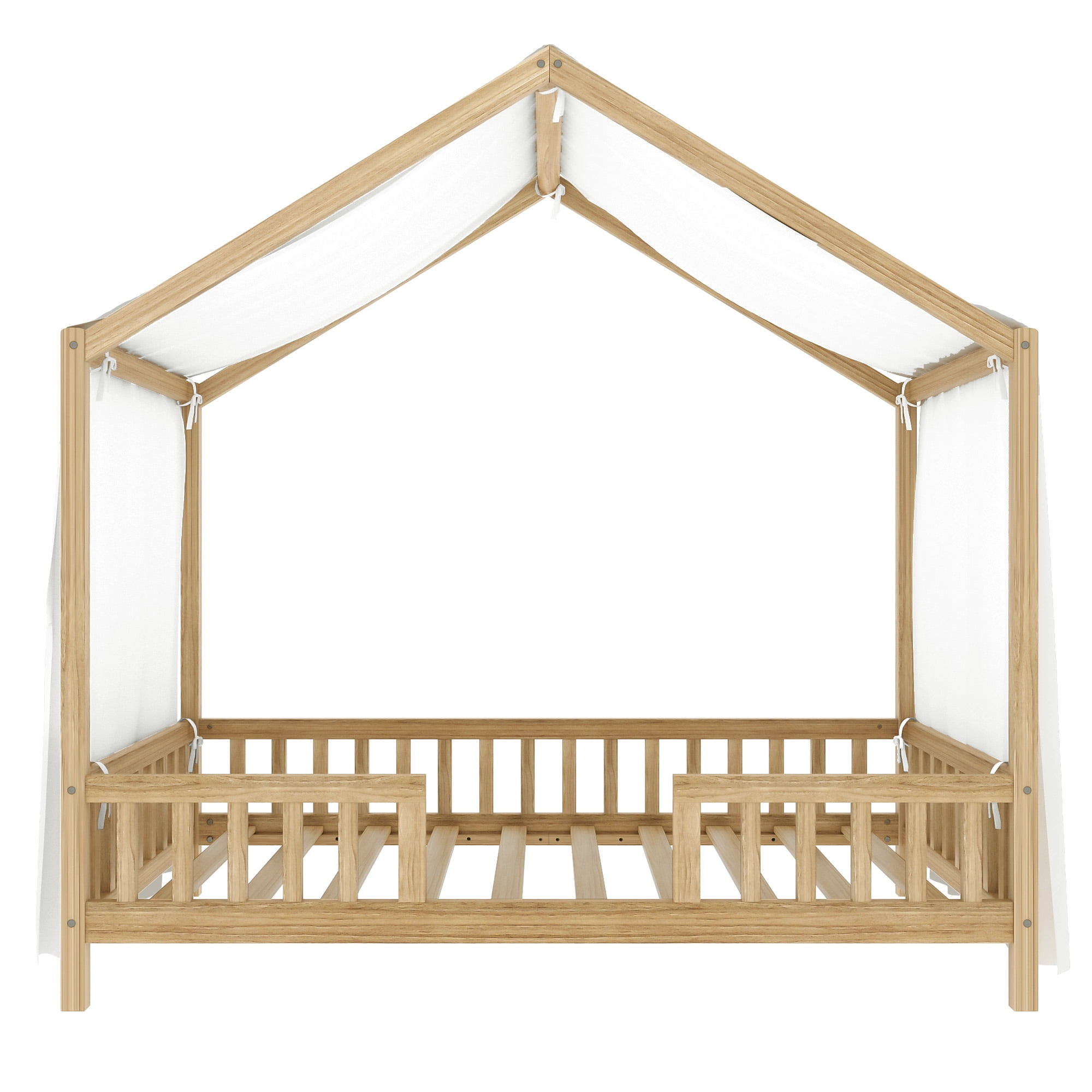 Full Bed Frame for Kids,Montessori Floor House Bed Frame with High Rails,Wood Kids Low Floor Bed with Roof & Canopy,Full Bed Frame for Girls,Boys,No Box Spring Needed,Natural