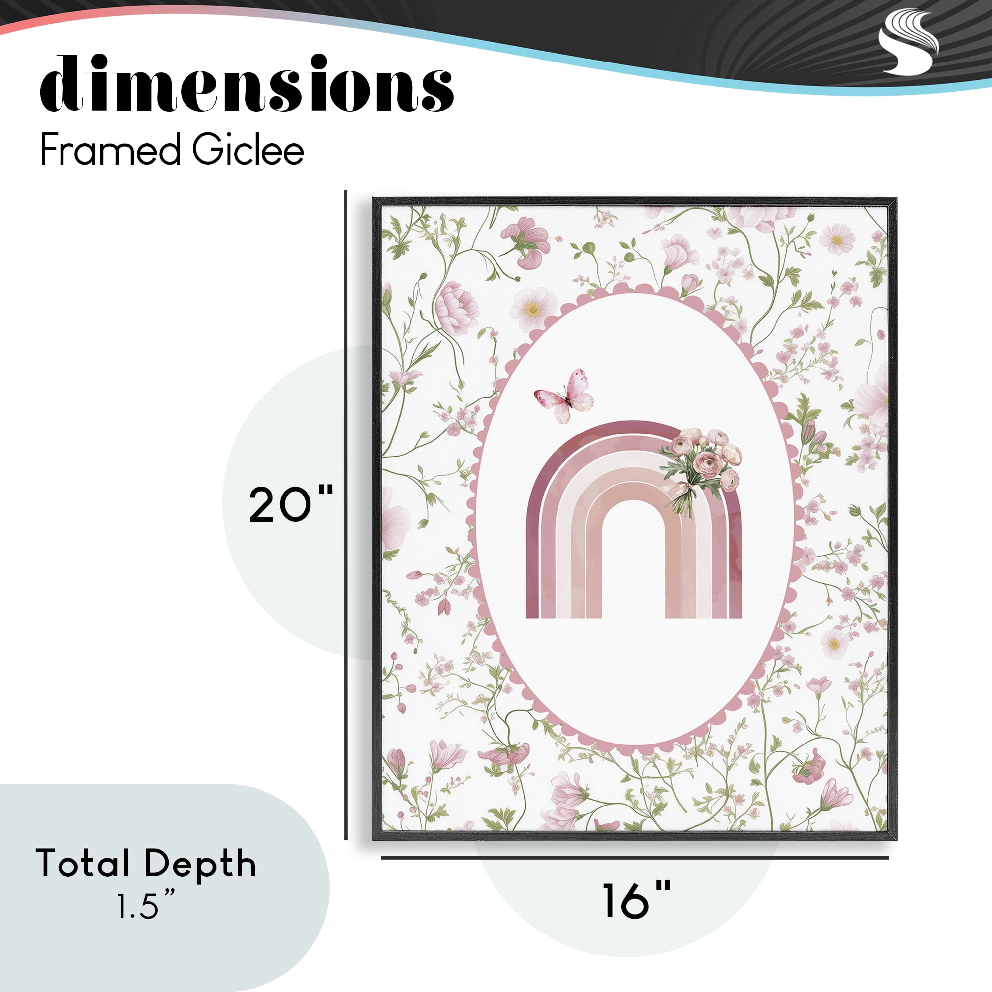 Delicate Florals & Rainbow Black Framed Giclee Art, design by Christine Simpson Art