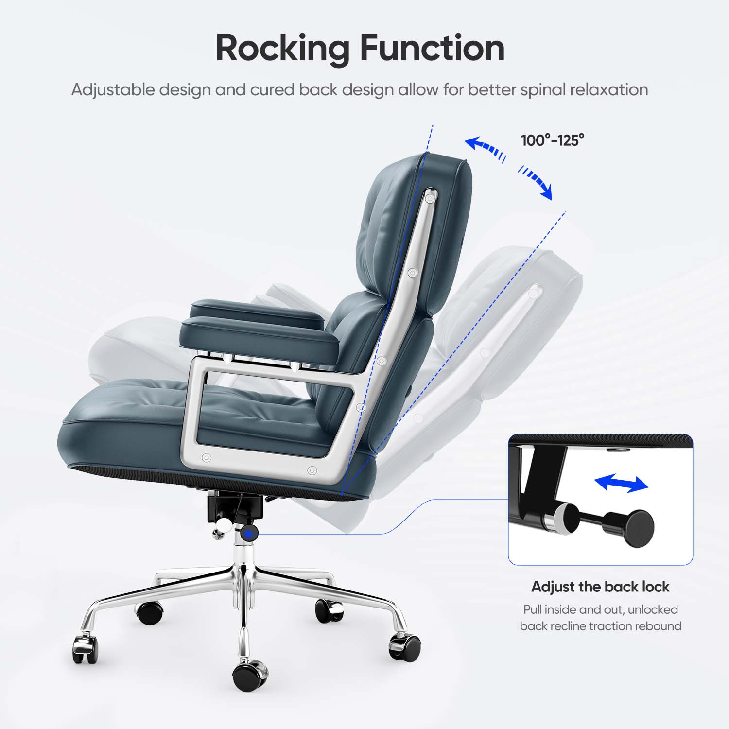 Cottinch Mid Back Genuine Leather Office Chair, Executive Desk Chairs with Aluminum Arms & Thickened Backrest, Ergonomic Office Chair Swivel Office Leather Chair with Lumbar Support, Blue